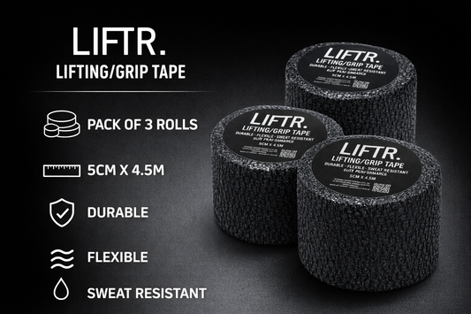 LIFTR grip tape roll label detail showing 5cm x 4.5m dimensions — durable flexible sweat resistant