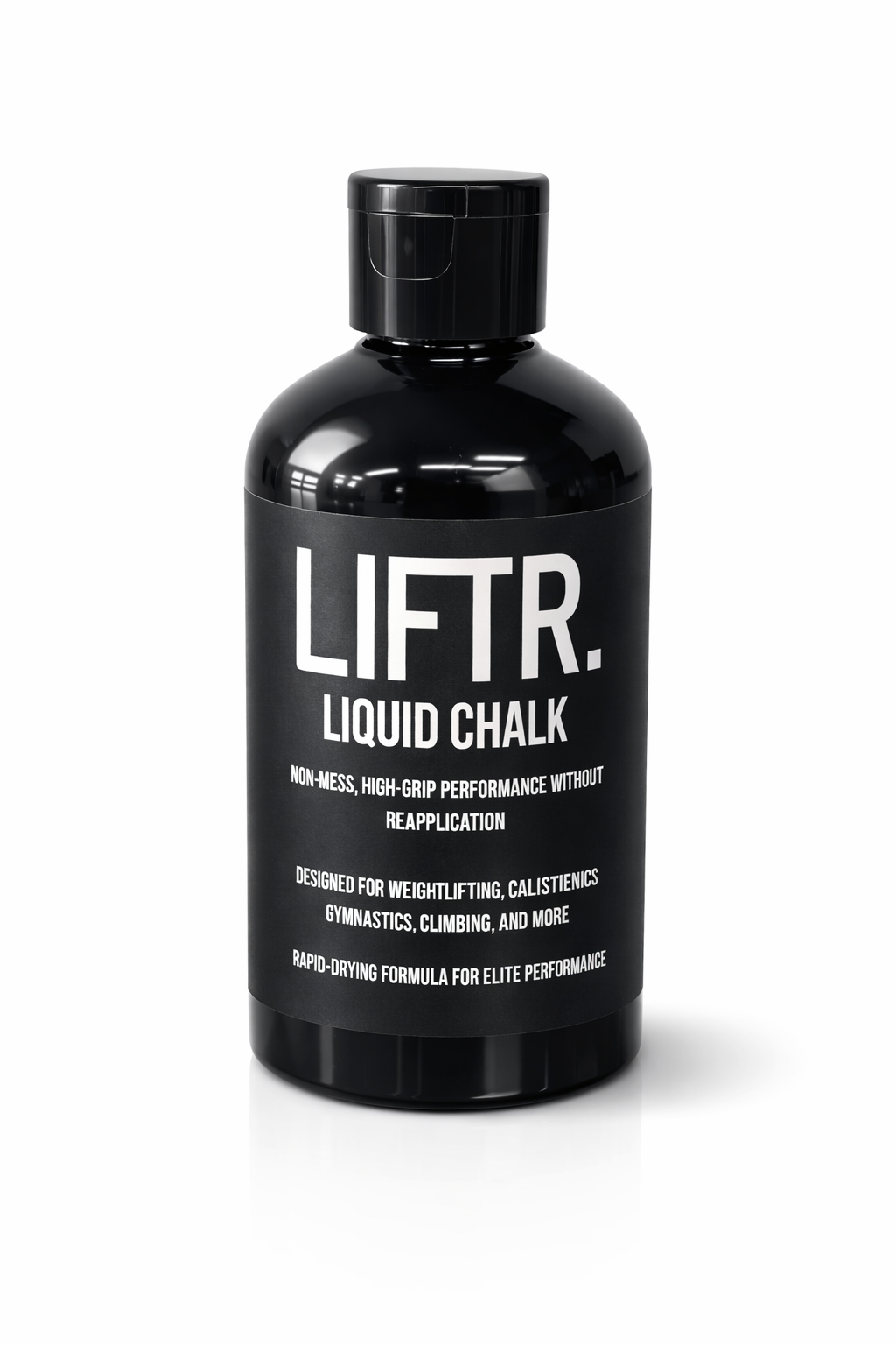 LIFTR liquid chalk bottle front — high grip non-mess chalk for weightlifting and calisthenics