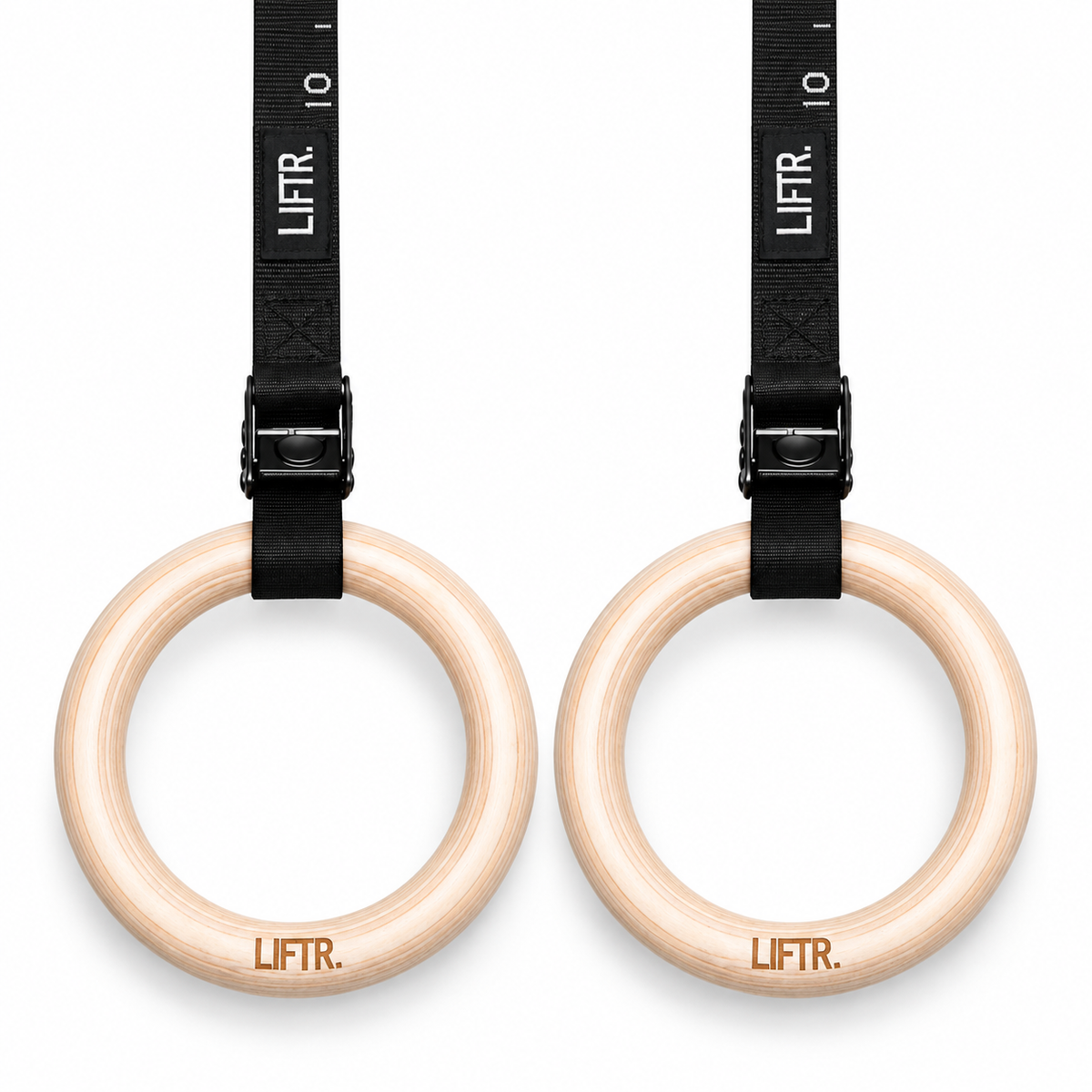 Pair of LIFTR 32mm wooden gymnastic rings with numbered black buckle straps