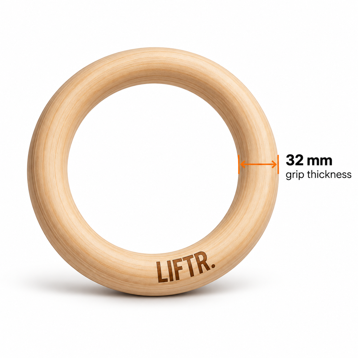 LIFTR wooden gymnastic ring showing 32 mm grip thickness