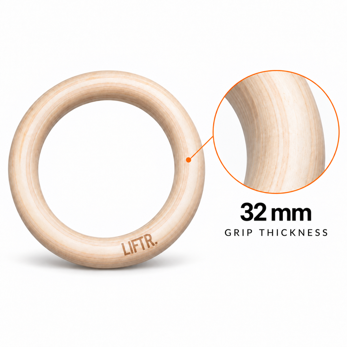 LIFTR wooden gymnastic ring showing 32 mm grip thickness