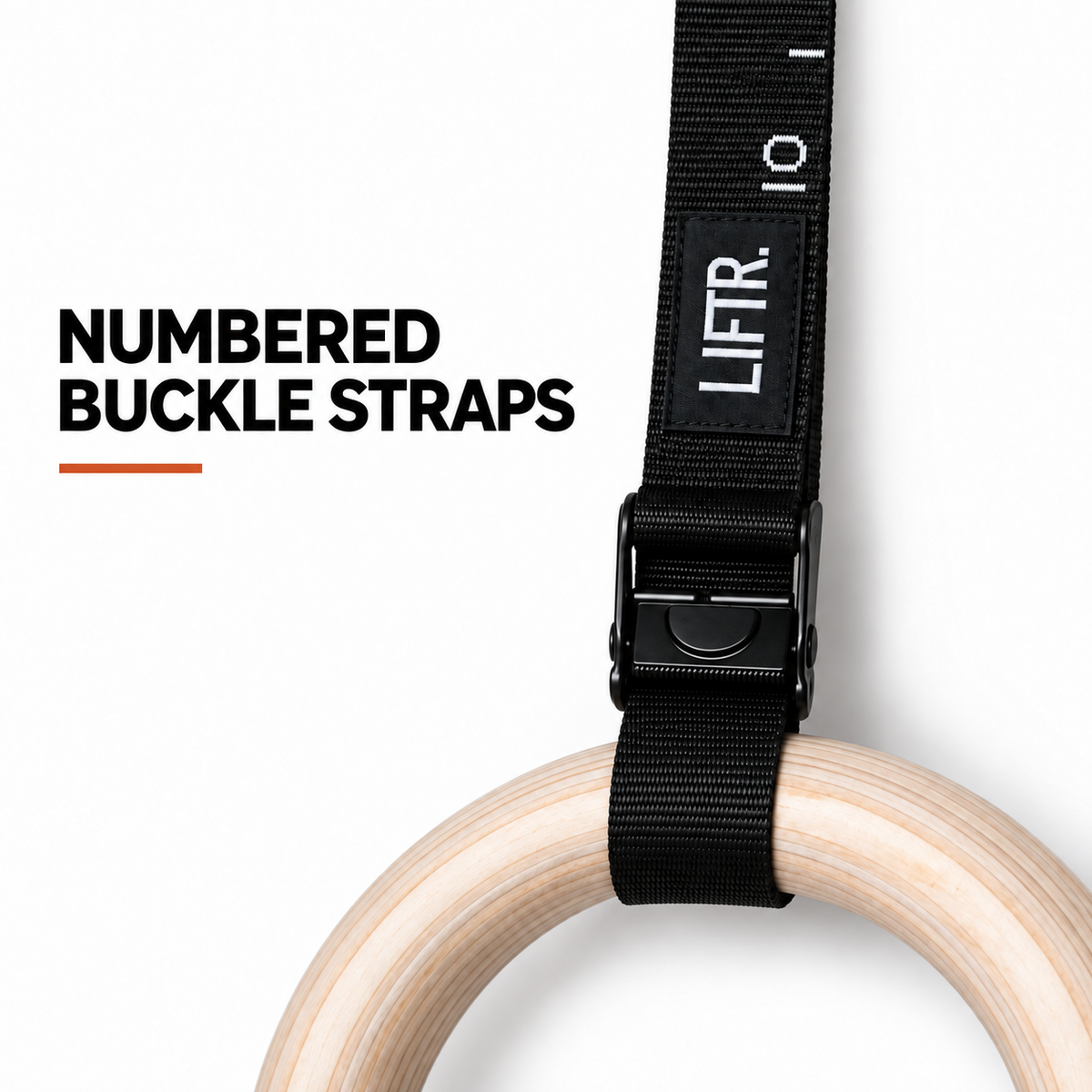 Close-up of a LIFTR numbered cam-buckle strap threaded through a wooden ring