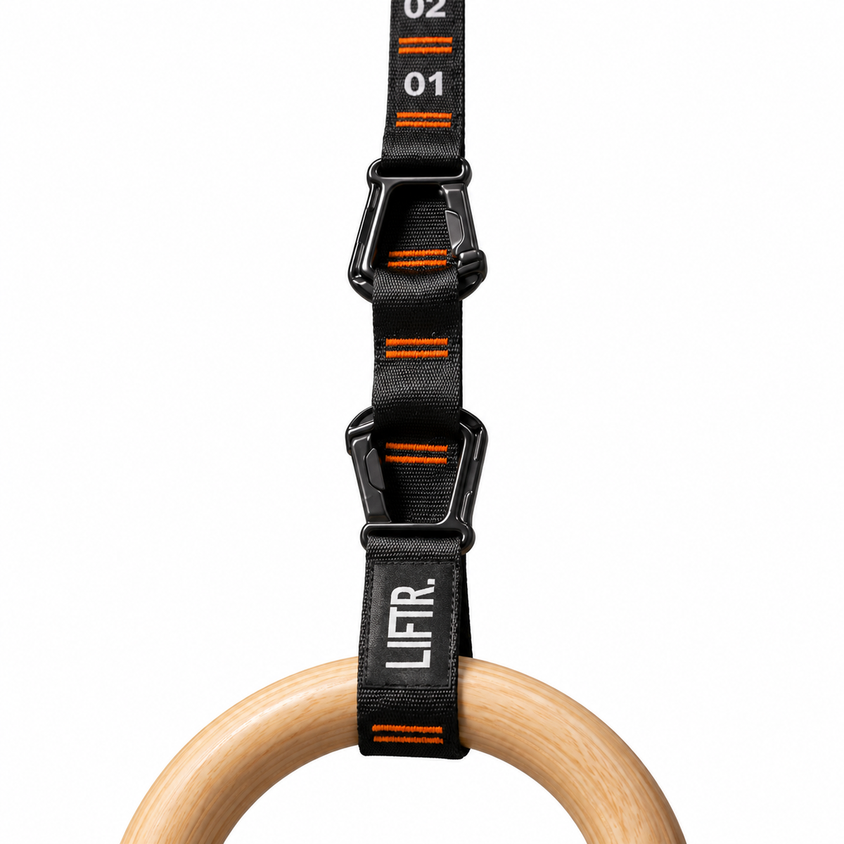 Close-up of LIFTR gymnastic ring quick-adjust hooks and numbered strap