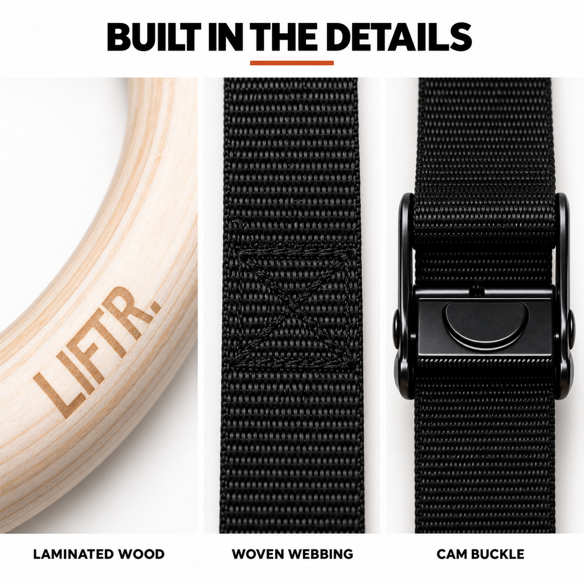 LIFTR ring materials showing laminated wood, woven webbing and cam buckle