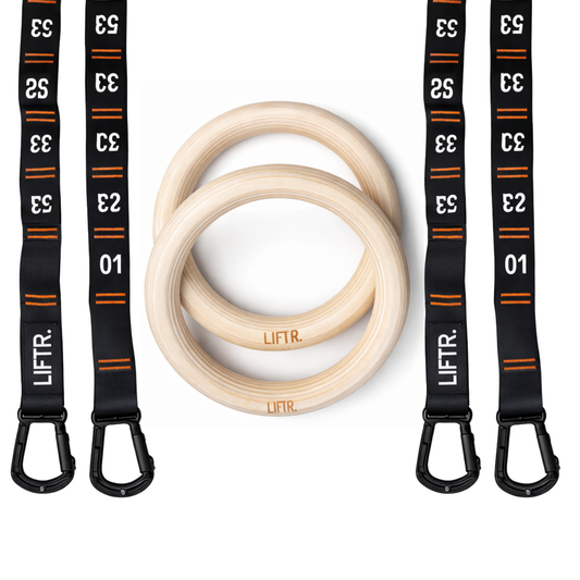 LIFTR gymnastic rings hanging from pull-up bar for calisthenics training