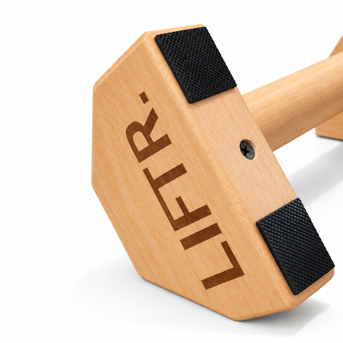 Underside of a LIFTR wooden parallette showing grip pads